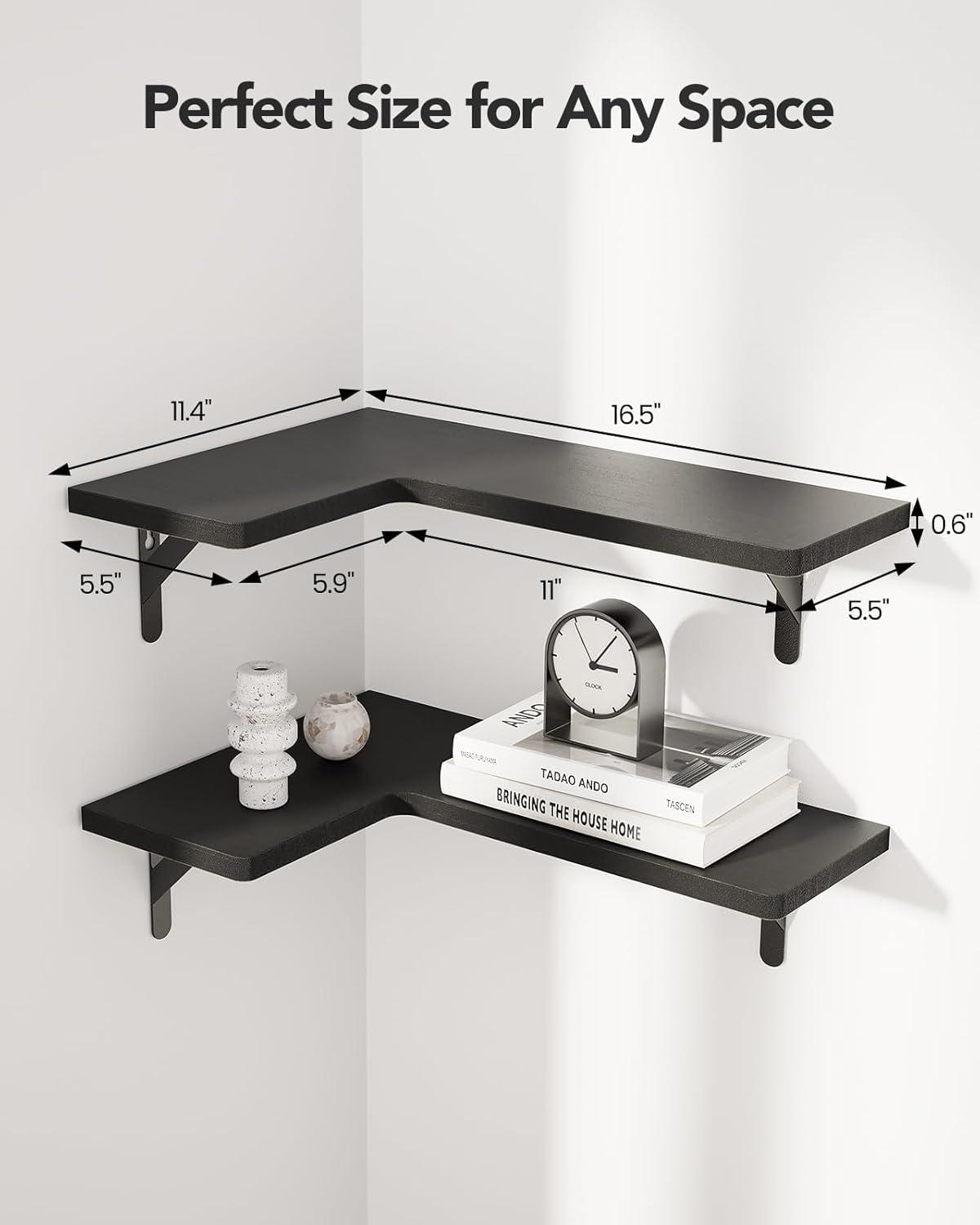 imageAmada HOMEFURNISHING Corner Floating Shelves Set of 4 Corner Wall Shelves Shelves for Wall Decor Corner Wood Shelves for Home Decor Office Bedroom Bathroom Laundry Room Kitchen BrownBlack