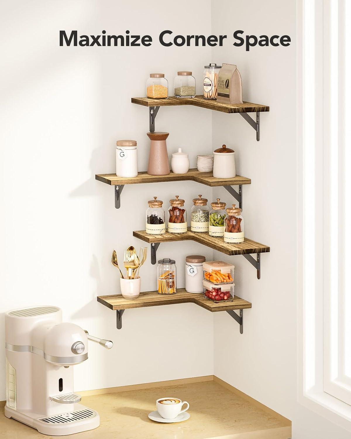imageAmada HOMEFURNISHING Corner Floating Shelves Set of 4 Corner Wall Shelves Shelves for Wall Decor Corner Wood Shelves for Home Decor Office Bedroom Bathroom Laundry Room Kitchen BrownRustic Wood