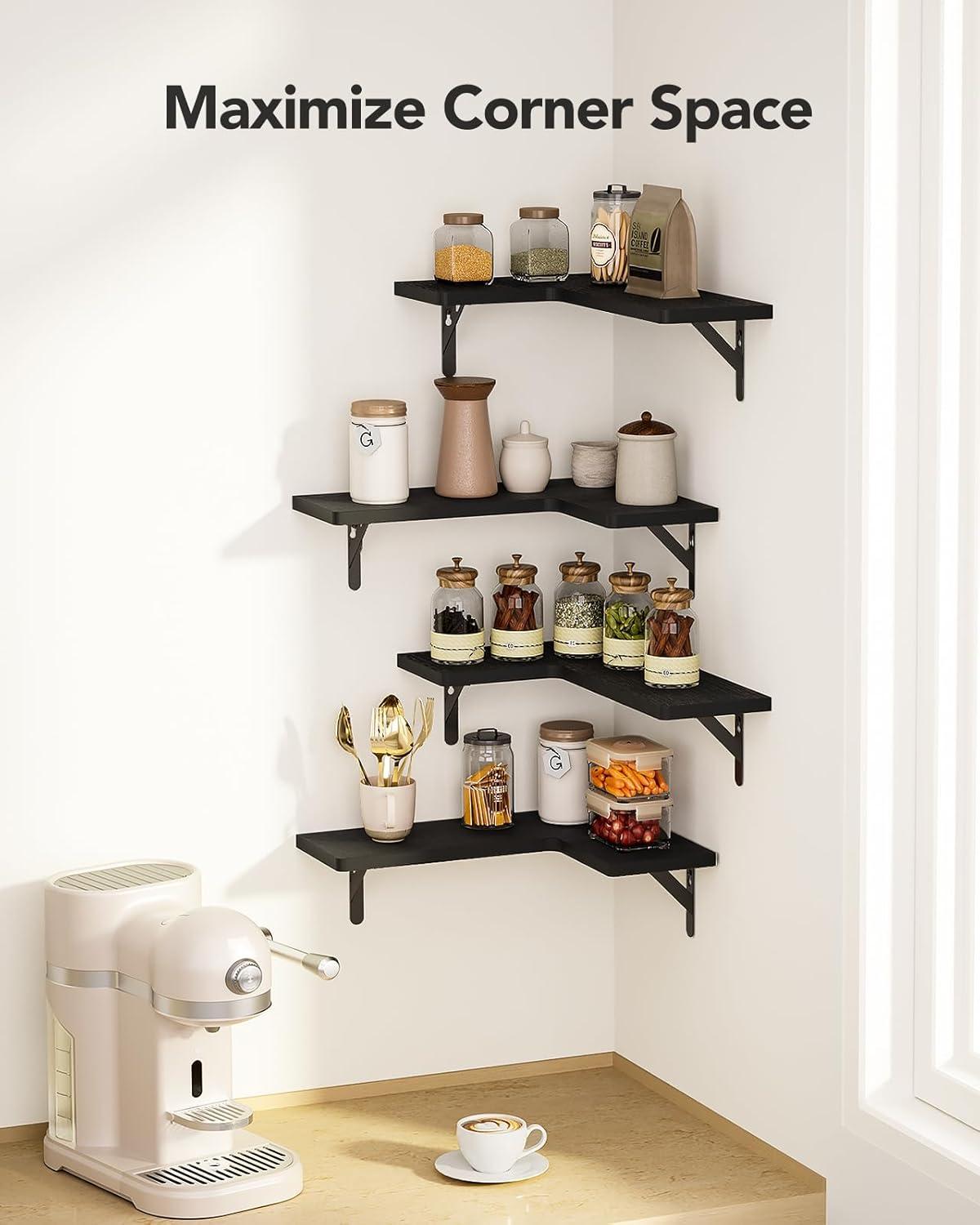imageAmada HOMEFURNISHING Corner Floating Shelves Set of 4 Corner Wall Shelves Shelves for Wall Decor Corner Wood Shelves for Home Decor Office Bedroom Bathroom Laundry Room Kitchen BrownBlack