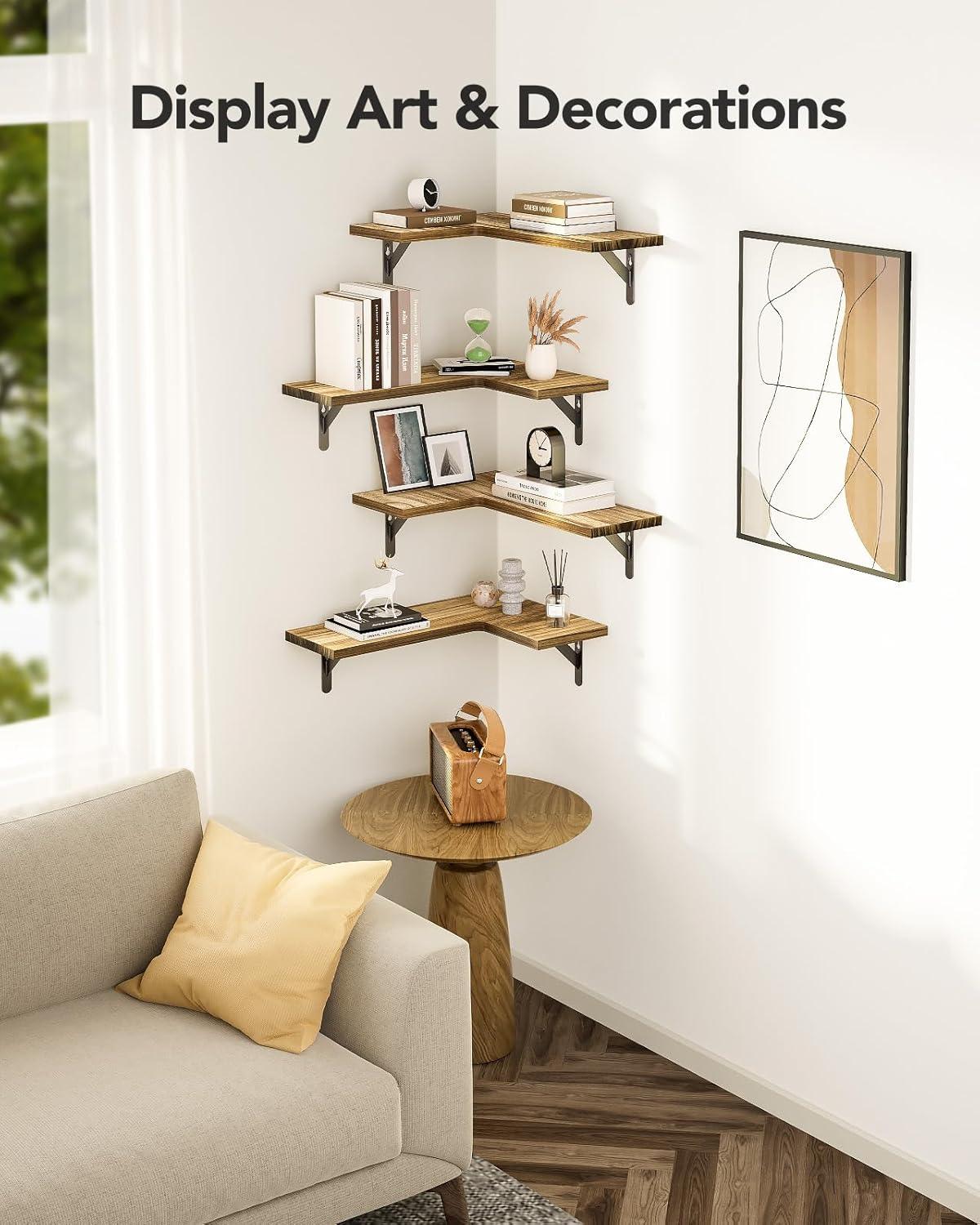 imageAmada HOMEFURNISHING Corner Floating Shelves Set of 4 Corner Wall Shelves Shelves for Wall Decor Corner Wood Shelves for Home Decor Office Bedroom Bathroom Laundry Room Kitchen BrownRustic Wood