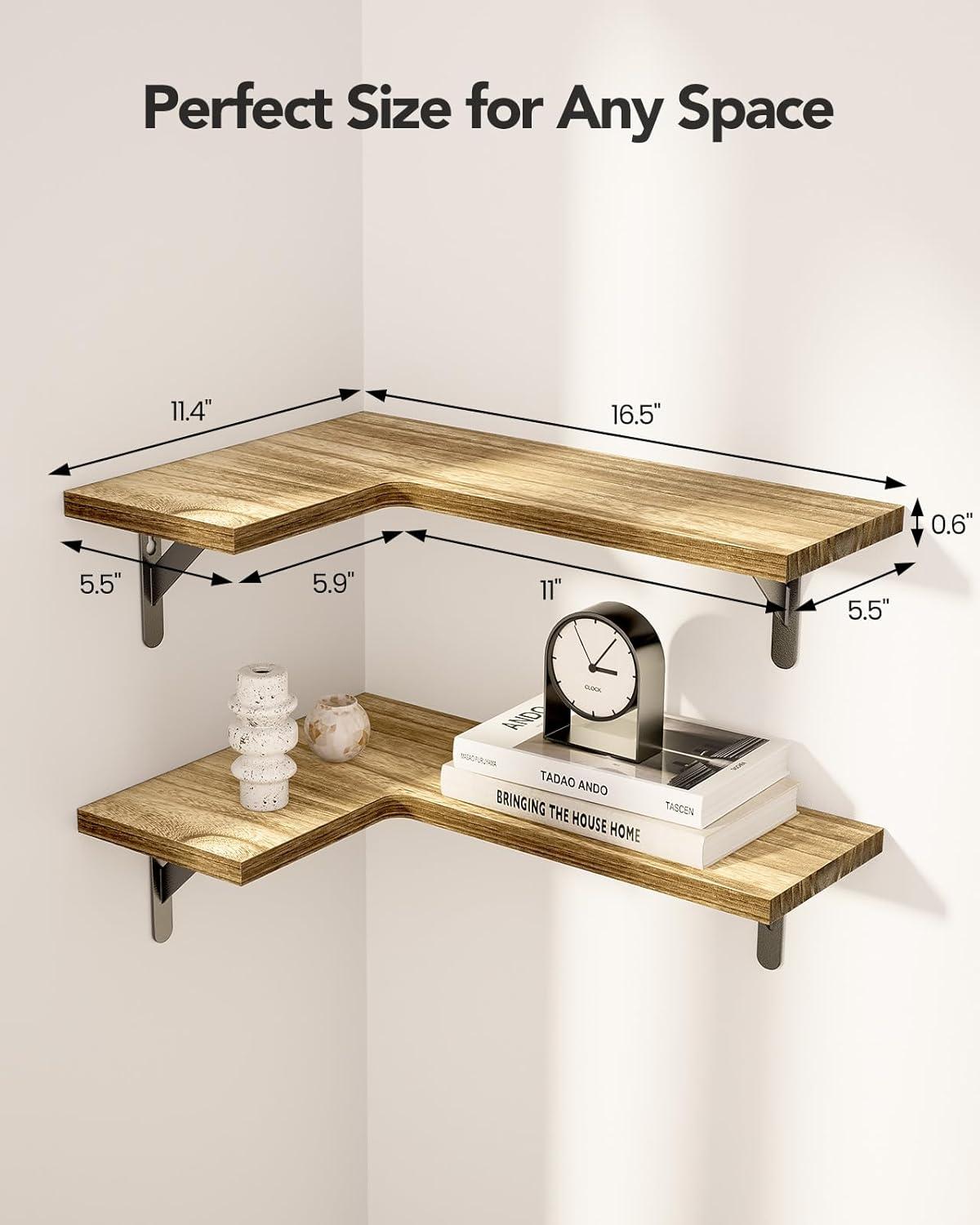 imageAmada HOMEFURNISHING Corner Floating Shelves Set of 4 Corner Wall Shelves Shelves for Wall Decor Corner Wood Shelves for Home Decor Office Bedroom Bathroom Laundry Room Kitchen BrownRustic Wood