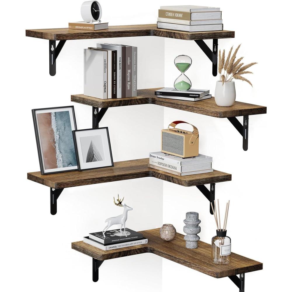 imageAmada HOMEFURNISHING Corner Floating Shelves Set of 4 Corner Wall Shelves Shelves for Wall Decor Corner Wood Shelves for Home Decor Office Bedroom Bathroom Laundry Room Kitchen BrownBrown