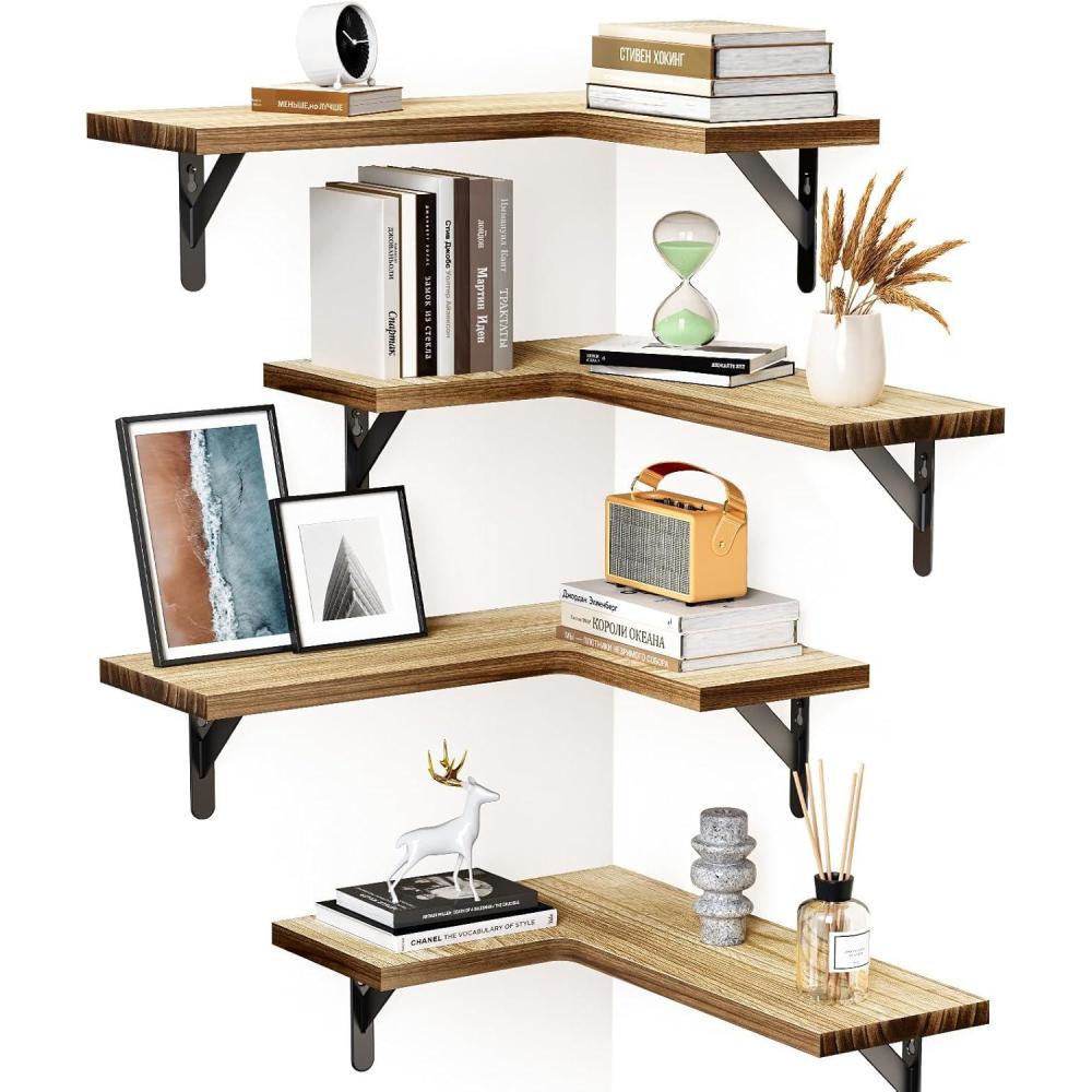 imageAmada HOMEFURNISHING Corner Floating Shelves Set of 4 Corner Wall Shelves Shelves for Wall Decor Corner Wood Shelves for Home Decor Office Bedroom Bathroom Laundry Room Kitchen BrownRustic Wood
