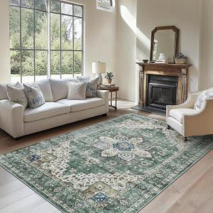 imageAMADA HOMEFURNISHING 8x10 Area Rug Washable LowProfile Large Area Rug with NonSlip Backing ampamp Durable Edge Binding Vintage Large Rugs for Living Room BedroomDark Green