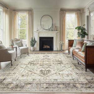 imageAMADA HOMEFURNISHING 8x10 Area Rug Washable LowProfile Large Area Rug with NonSlip Backing ampamp Durable Edge Binding Vintage Large Rugs for Living Room BedroomGreyBeige