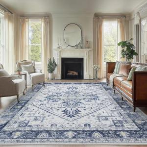 imageAMADA HOMEFURNISHING 8x10 Area Rug Washable LowProfile Large Area Rug with NonSlip Backing ampamp Durable Edge Binding Vintage Large Rugs for Living Room BedroomNavy BlueWhite
