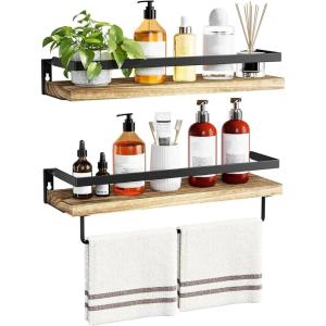 imageAMADA HOMEFURNISHING Bathroom Shelves with Towel Bar Floating Shelves Wall Shelves for BathroomLiving RoomKitchenBedroom Light Brown Set of 2  AMFS01Light Brown