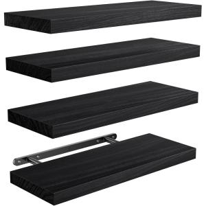 imageAMADA HOMEFURNISHING Floating Shelves Paulownia Wood Wall Shelves for BathroomLiving RoomBedroomKitchenHome Office Wood Floating Shelf for Home Storage ampamp Organization Set of 4 157quot L x 59quot WBlack