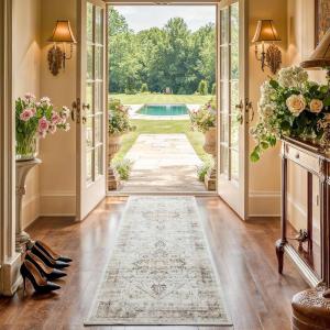 imageAMADA HOMEFURNISHING Runner Rug 26x8 Washable Runner Rugs AntiSlip with Durable Edge Binding Vintage Floral Soft Rug for Living Room Hallway Kitchen and Home OfficeYellow