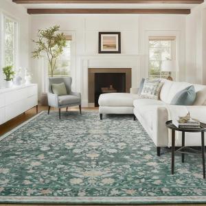 imageAMADA HOMEFURNISHING Runner Rug 26x8 Washable Runner Rugs AntiSlip with Durable Edge Binding Vintage Floral Soft Rug for Living Room Hallway Kitchen and Home OfficeGreen