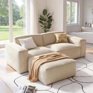 imageAmada 111quot L Shaped Sofa Modular Corduroy Clopud Couches with Deep Seats ampampHighBack Upholstered Couches for Living Room Bedroom with Ottoman No Assembly Required2Seaterampamp1 OttomanGreenBeige White