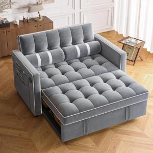 imageAmada 3 in 1 Sleeper Sofa BedPull Out Couch with Side Table Convertible Loveseat with Adjustable BackrestChaise Lounge with USB Ports ampamp Side Pockets for Living Room 69 Pull Out Sofa BedBeigeVelvet Grey