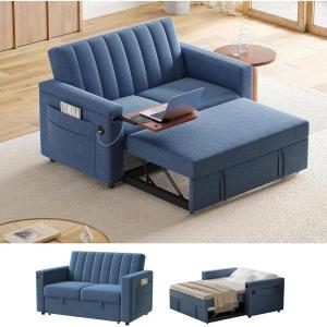 imageAmada 3 in 1 Sleeper Sofa BedPull Out Couch with Side Table Convertible Loveseat with Adjustable BackrestChaise Lounge with USB Ports ampamp Side Pockets for Living Room 69 Pull Out Sofa BedBeigeDark Blue