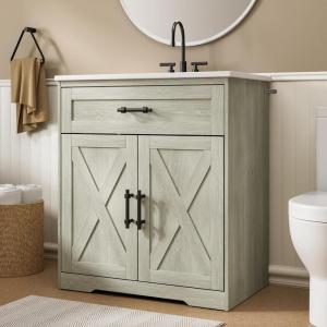 imageAmada 30 Bathroom Vanity with Ceramic Sink Farmhouse Undermount Vanity Sink Cabinet with 2 Doors and 1 Drawer Free Standing Bathroom Storage Cabinet with Sink Combo Set GreyGrey