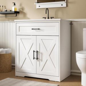 imageAmada 30 Bathroom Vanity with Ceramic Sink Farmhouse Undermount Vanity Sink Cabinet with 2 Doors and 1 Drawer Free Standing Bathroom Storage Cabinet with Sink Combo Set GreyWhite