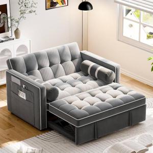 imageAmada 3in1 Convertible Sleeper Sofa Bed Futon Couches for Living Room with USB PortsampampSide Pockets Adjustable Backrest Velvet FabricPull Out Couch Loveseat GreyGrey