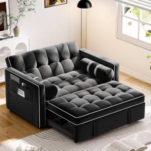 imageAmada 3in1 Convertible Sleeper Sofa Bed Futon Couches for Living Room with USB PortsampampSide Pockets Adjustable Backrest Velvet FabricPull Out Couch Loveseat GreyBlack