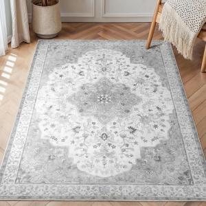 imageAmada 8x10 Area Rugs NonSlip Washable Rug with Low Profile Durable Bound Edge Soft Large Vintage Rug for Living Room Bedroom Dinning Room Home OfficeGrey
