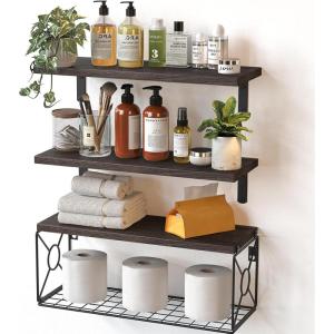 imageAmada Bathroom Shelves Over Toilet with Storage Basket Floating Shelves Wall Shelves for Home Organization ampamp Wall Decor BathroomKitchenLiving Room ShelvesNatural WoodDark Carbonized Brown