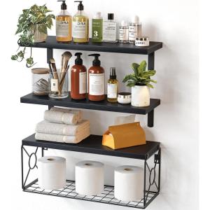 imageAmada Bathroom Shelves Over Toilet with Storage Basket Floating Shelves Wall Shelves for Home Organization ampamp Wall Decor BathroomKitchenLiving Room ShelvesNatural WoodBlack