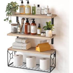 imageAmada Bathroom Shelves Over Toilet with Storage Basket Floating Shelves Wall Shelves for Home Organization ampamp Wall Decor BathroomKitchenLiving Room ShelvesNatural WoodNatural Wood