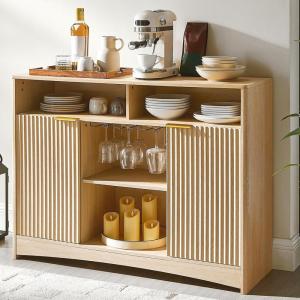 imageAmada Coffee Bar Cabinet with Wine Glass Rack 472quot Buffet Sideboard with Adjustable Shelves Storage Cabinet for KitchenEntrywayDining Room Home Bar Holds 200 lbs SoftClose HingesGreyNatural Oak