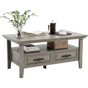 imageAmada Coffee Table for Living Room 394quot Small Coffee Table with Storage Open Display Shelf and Hidden Drawers Farmhouse Wood Center Table Ideal for Home Office White and OakGrey