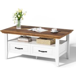 imageAmada Coffee Table for Living Room 394quot Small Coffee Table with Storage Open Display Shelf and Hidden Drawers Farmhouse Wood Center Table Ideal for Home Office White and OakWhite and Oak