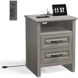 imageAmada Farmhouse Nightstand with Charging Station 189 Inch Wide Bedside Table with 2 Drawers USB A Port USB C Port 2 AC Outlets Rustic Farmhouse End Table for Bedroom GrayGrey