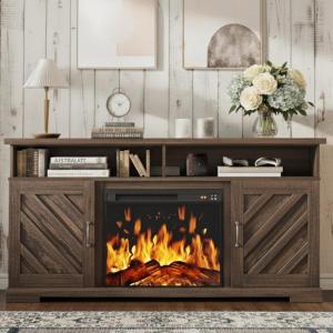 imageAmada Fireplace TV Stand for 75 Inch Farmhouse TV Stands with Storage Entertainment Center with Fireplace Open Storage Cable Management Rustic Wood TV Stand Barn Doors for Living Room BedroomDark Walnut