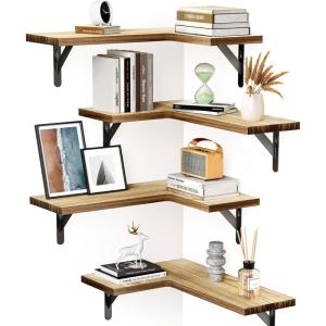 imageAmada HOMEFURNISHING Corner Floating Shelves Set of 4 Corner Wall Shelves Shelves for Wall Decor Corner Wood Shelves for Home Decor Office Bedroom Bathroom Laundry Room Kitchen BrownRustic Wood