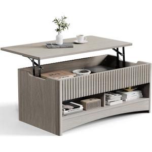 imageAmada Lift Top Coffee Table with Storage Shelf ampamp Hidden Compartment Modern Fluted Rectangle Dining Table for Living Room Home OfficeNatural OakGrey