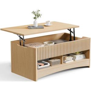imageAmada Lift Top Coffee Table with Storage Shelf ampamp Hidden Compartment Modern Fluted Rectangle Dining Table for Living Room Home OfficeNatural OakNature Oak