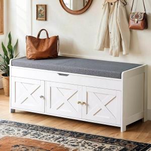 imageAmada Shoe Bench Entryway Bench with Cushioned Seat ampamp Lift Top Storage 3 Doors Adjustable Shelf 300 lbs Capacity 2Tier Storage Bench with Shoe Rack for Entryway Bedroom GrayWhite