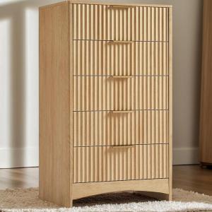 imageAmada Tall 5 Drawer Dresser Modern Fluted Vertical Chest with Rounded Corners PreInstalled Drawer Slides ampamp Narrow Storage Design for Bedroom or Hallway in Natural OakNatural Oak