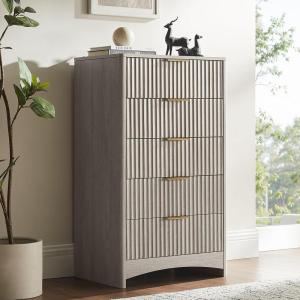 imageAmada Tall 5 Drawer Dresser Modern Fluted Vertical Chest with Rounded Corners PreInstalled Drawer Slides ampamp Narrow Storage Design for Bedroom or Hallway in Natural OakGrey