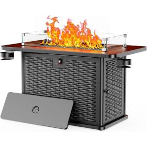 imageAMADA HOMEFURNISHING 43 Inch Propane Fire Pit Table 60000 BTU Gas Fire Pit with Premium Glass Rocks Wind Guard Glass Shield Waterproof Cover Cup Holders Fire Table for Patio and Garden