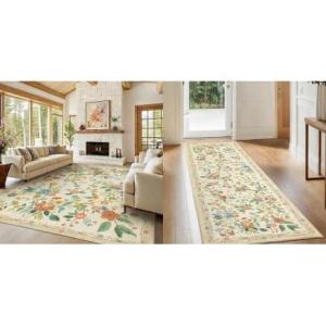 imageAmada 8x10 Area Rugs and 2x6 Washable Runner Rug NonSlip ampamp LowProfile Kitchen Area Rug with Durable Edge Binding Boho Floral Pattern Soft Long Entryway Runner Rugs for Bedroom ampamp Hallway