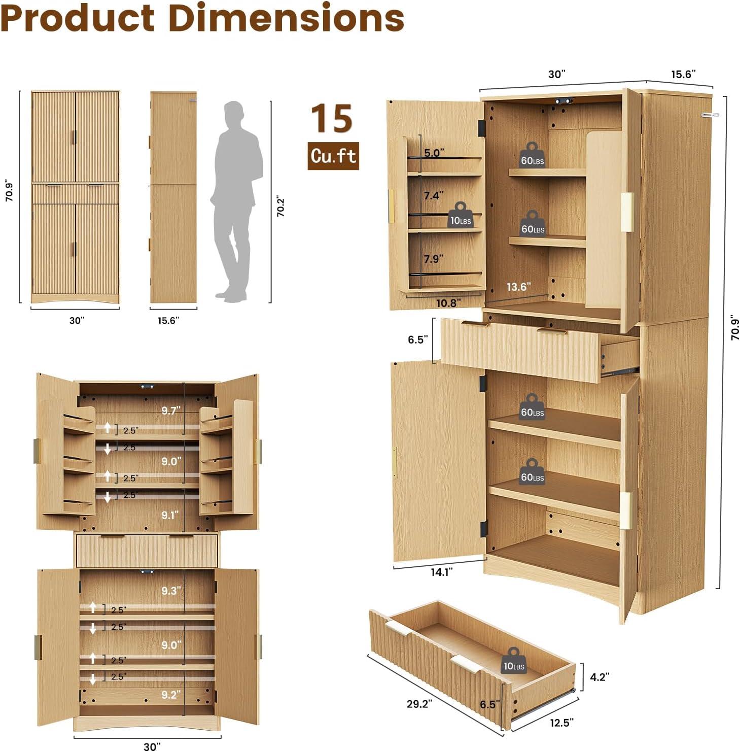 imageAmada Fluted Pantry Cabinet Versatile 72 Tall Storage Cabinet with Adjustable Shelves Kitchen Cabinet with Magnetic Doors ampamp AntiTip DesignWhiteNatural Oak