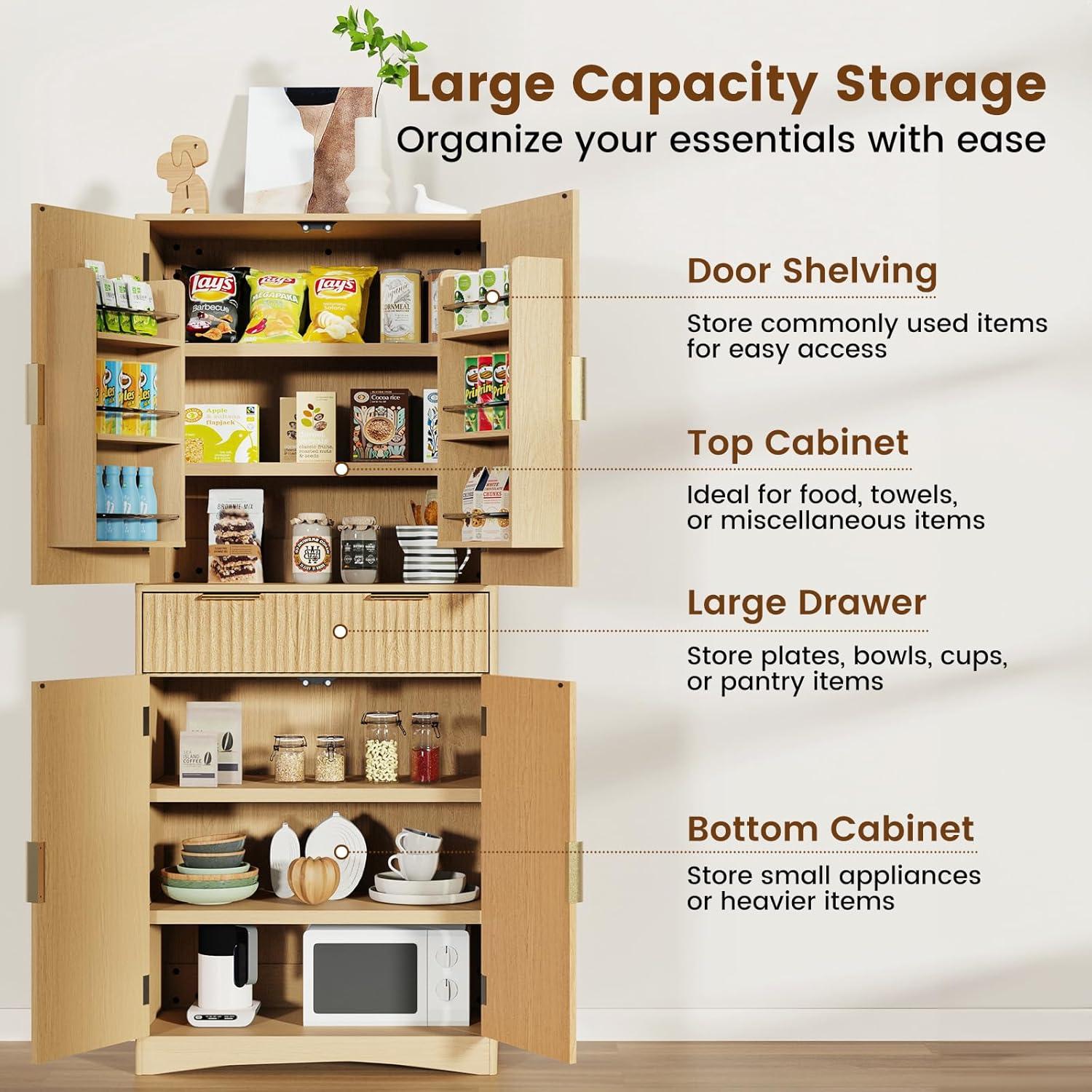 imageAmada Fluted Pantry Cabinet Versatile 72 Tall Storage Cabinet with Adjustable Shelves Kitchen Cabinet with Magnetic Doors ampamp AntiTip DesignWhiteNatural Oak