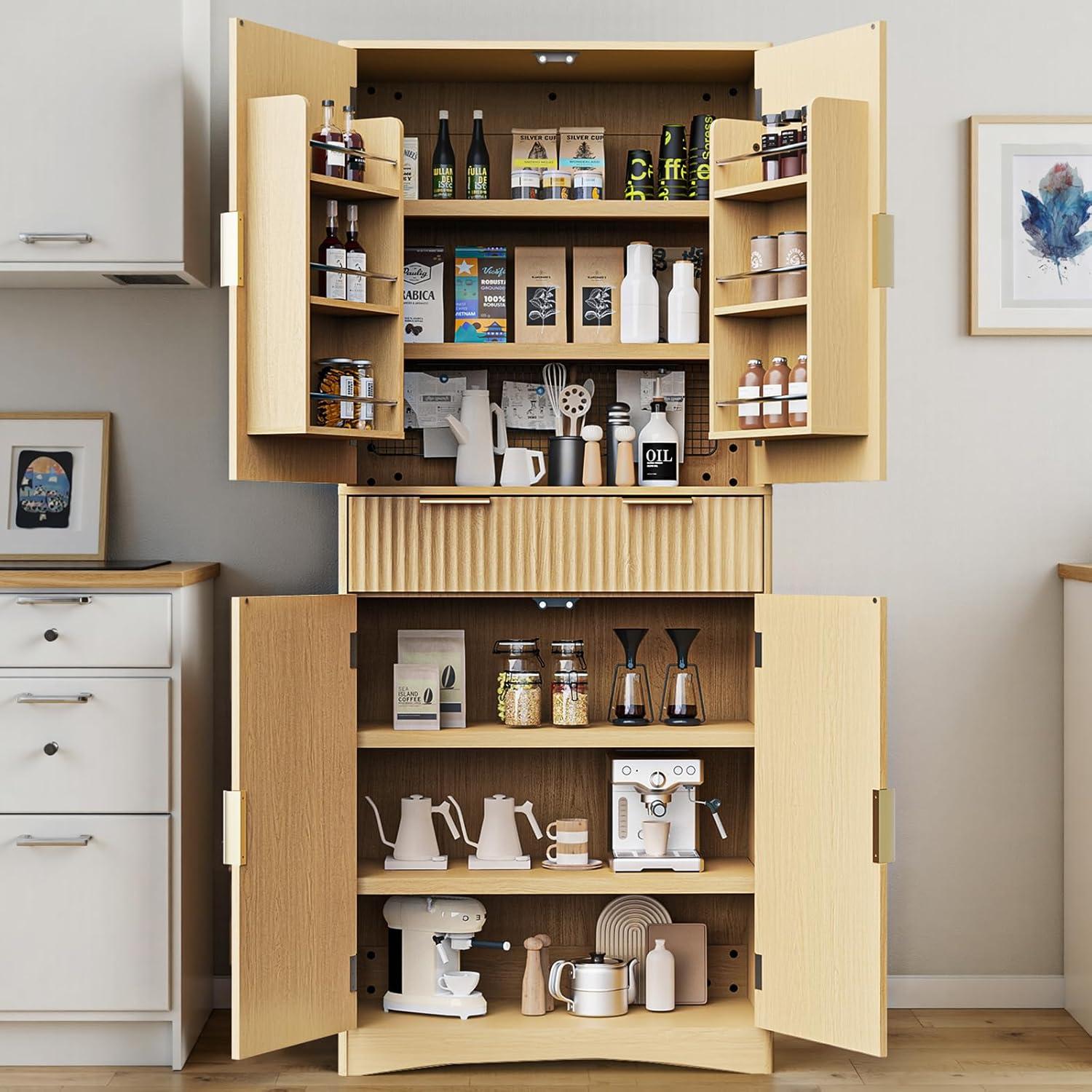 imageAmada Fluted Pantry Cabinet Versatile 72 Tall Storage Cabinet with Adjustable Shelves Kitchen Cabinet with Magnetic Doors ampamp AntiTip DesignWhiteNatural Oak