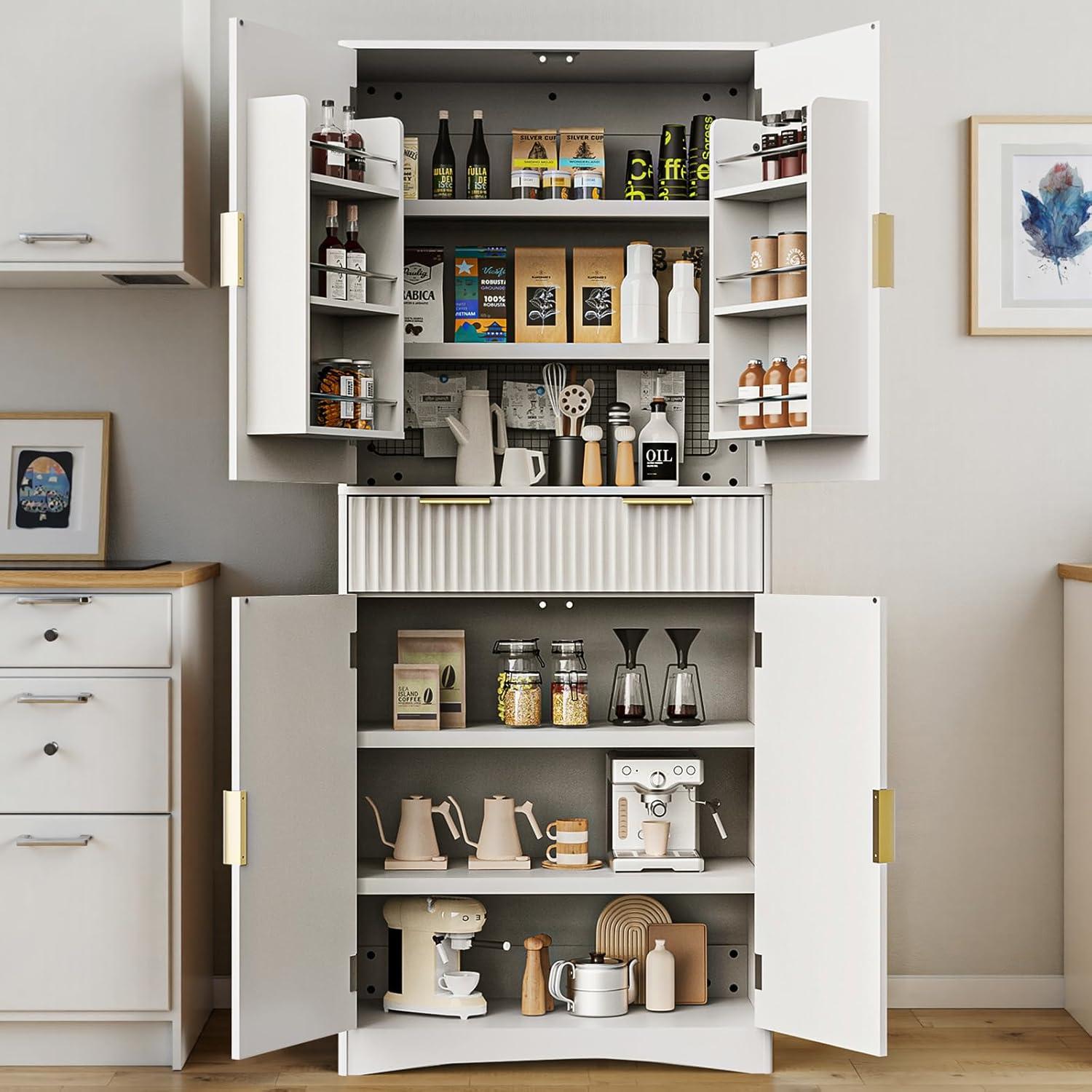 imageAmada Fluted Pantry Cabinet Versatile 72 Tall Storage Cabinet with Adjustable Shelves Kitchen Cabinet with Magnetic Doors ampamp AntiTip DesignWhiteWhite