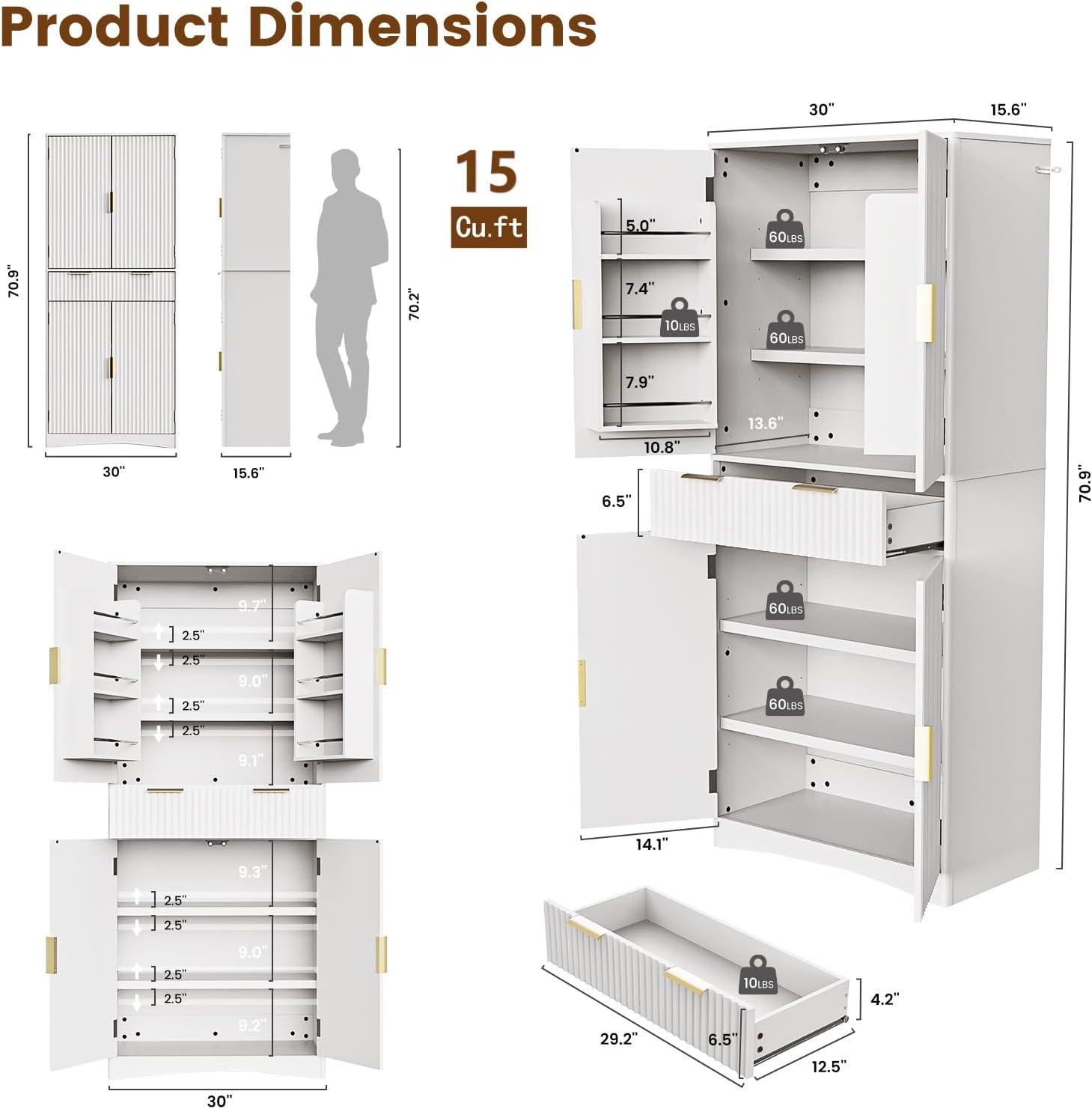imageAmada Fluted Pantry Cabinet Versatile 72 Tall Storage Cabinet with Adjustable Shelves Kitchen Cabinet with Magnetic Doors ampamp AntiTip DesignWhiteWhite