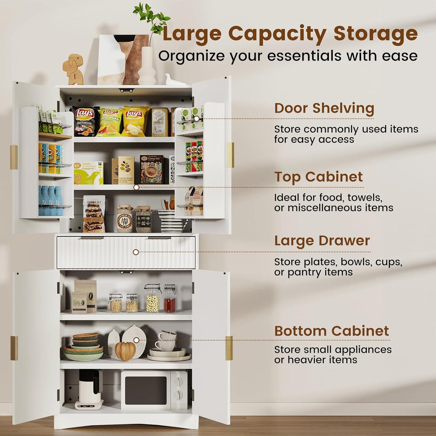 imageAmada Fluted Pantry Cabinet Versatile 72 Tall Storage Cabinet with Adjustable Shelves Kitchen Cabinet with Magnetic Doors ampamp AntiTip DesignWhiteWhite