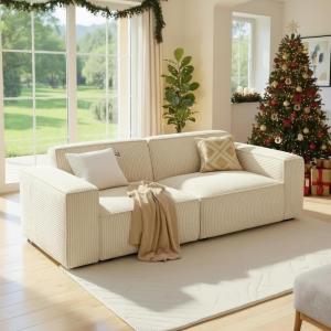 imageAmada 80quot Loveseat Modular Sofa Corduroy Cloud Couch with Deep Seats ampamp High Back Upholstered 2Seater Couches with Ottoman for Living Room Bedroom No Assembly Required Beige White