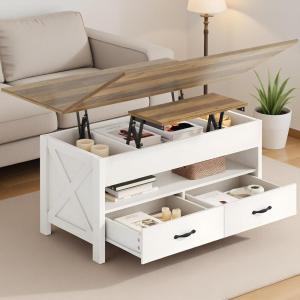 imageAmada Lift Top Coffee Table 4 in 1 Convertible Coffee Table with Drawers and Hidden Compartment Expandable Center Table Converts to Dining Table for Living Room White amp OakWhite  Oak