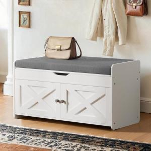 imageAmada Shoe Storage Bench 472 Long Entryway Bench with Cushioned Seat amp Lift Top Storage 4 Doors Adjustable Shelf 300 lbs Capacity Bench with Shoe Rack for Entryway Bedroom Living Room WhiteWhite