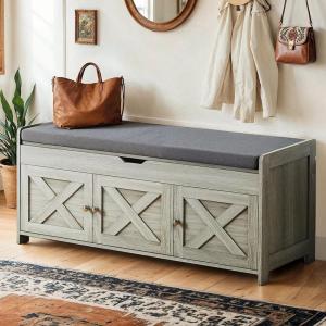 imageAmada Shoe Storage Bench 472 Long Entryway Bench with Cushioned Seat amp Lift Top Storage 4 Doors Adjustable Shelf 300 lbs Capacity Bench with Shoe Rack for Entryway Bedroom Living Room WhiteLight Gray