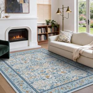 imageAMADA HOMEFURNISHING 8x10 Washable Area Rugs for Living Room NonSlip amp LowProfile Floral Large Area Rug with Durable Edge Binding Soft Rugs for Living Room Bedroom Dining RoomLight Blue