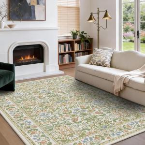 imageAMADA HOMEFURNISHING 8x10 Washable Area Rugs for Living Room NonSlip amp LowProfile Floral Large Area Rug with Durable Edge Binding Soft Rugs for Living Room Bedroom Dining RoomLight Beige